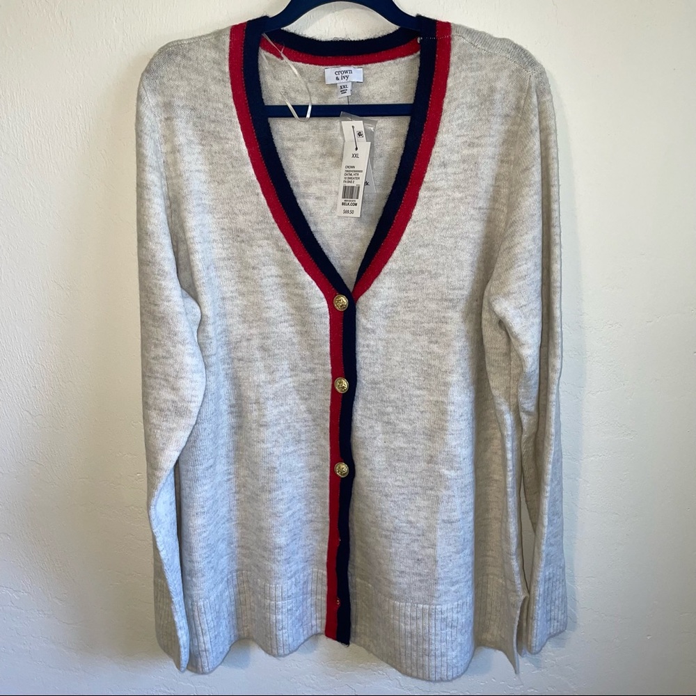 CROWN & IVY. long sleeve cardigan with gold buttons.